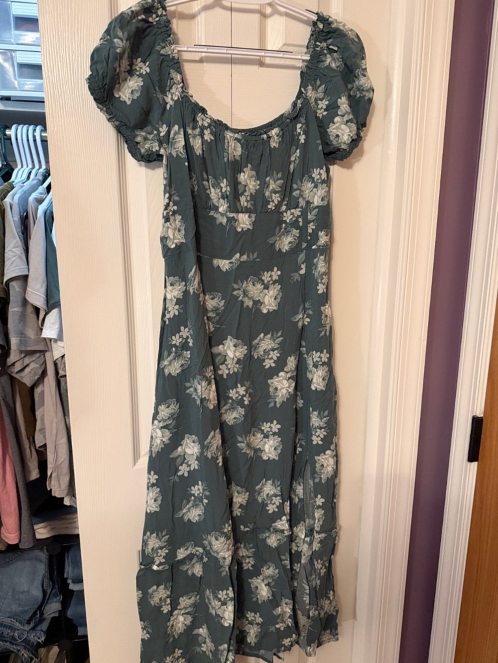 Hollister Floral Puff Sleeve Maxi Dress in Dusty Teal and Ivory